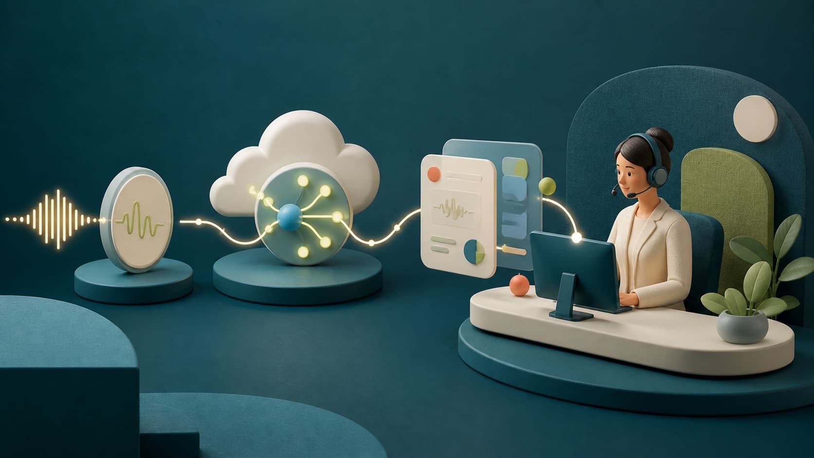 Editorial illustration of a voice call moving through cloud routing and AI context to a human agent