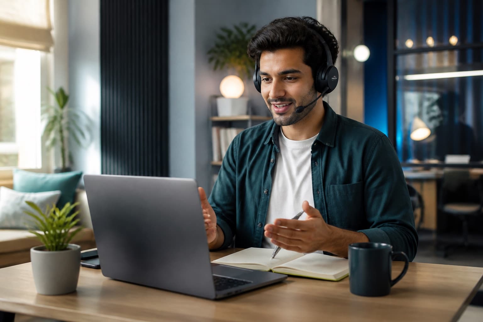 A virtual call center agent helping a customer from a modern remote workspace